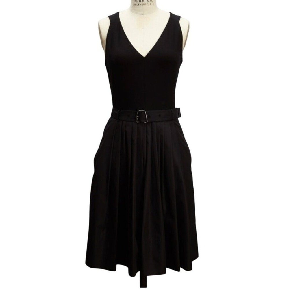 Akris Black‎ Silk Blend V-Neck Belted Pleated Bodysuit Dress Pockets US 6 $2,390